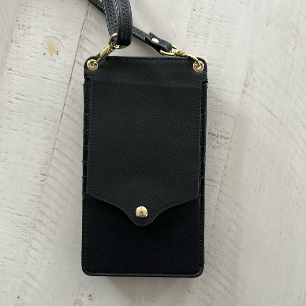 Crossbody cell phone holder and wallet, RFID card slots, Vegan leather. EUC